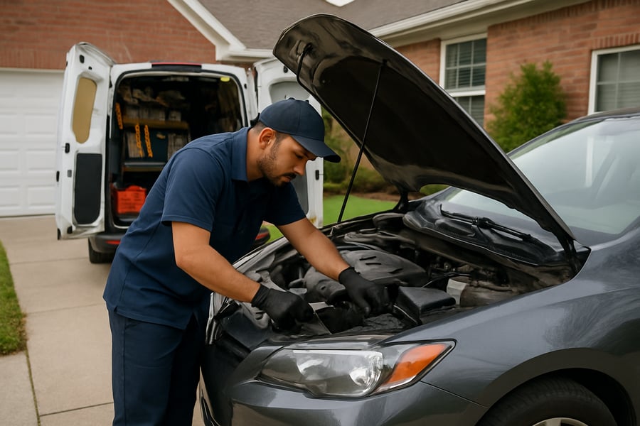 Mobile mechanic servicing a car at a customer's home Mobile mechanic servicing a car at a customer's home