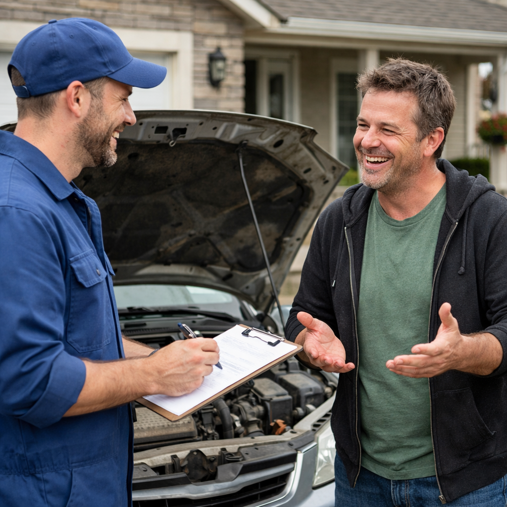 photographic Broken down car at house with vehicle owner happy discussing repair with mechanic photographic Broken down car at house with vehicle owner happy discussing repair with mechanic