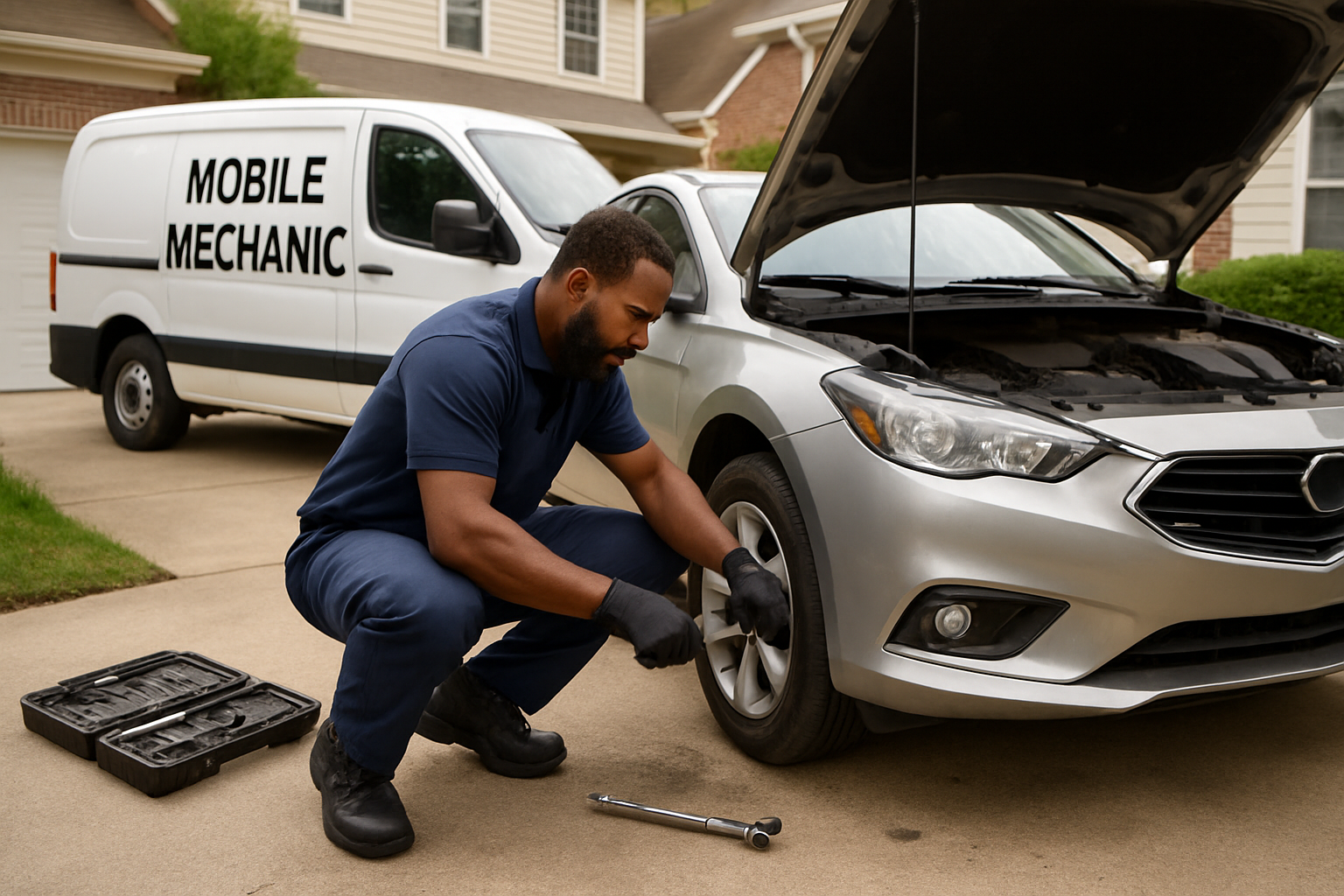 Mobile mechanic servicing a customer's car at home